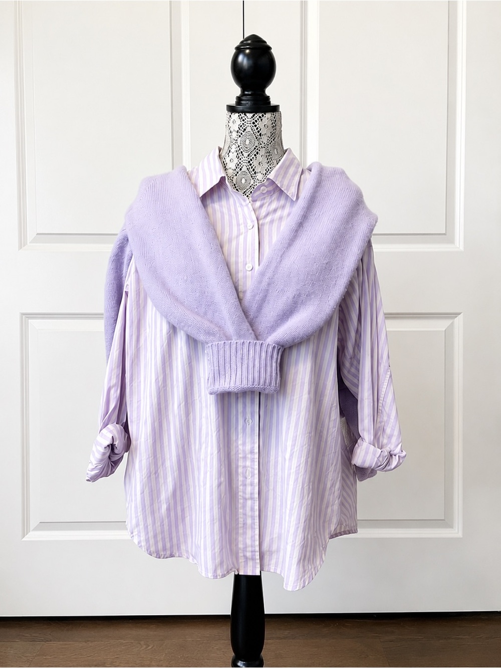 Aritzia Lavender Striped Button-Up Blouse with Matching Lilac Cardigan - Picture 8 of 8